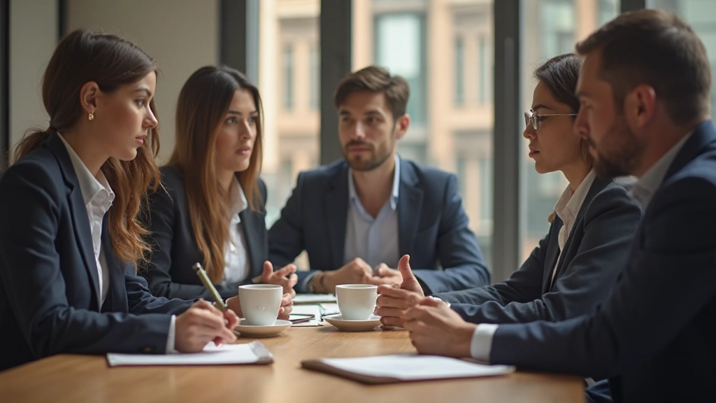 Профессионалы сидят за столом во время деловой встречи, обсуждают идеи и делают заметки