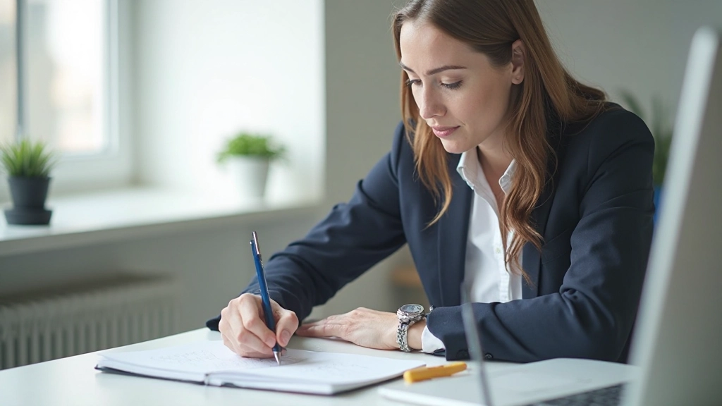 Профессионал пишет карьерные цели в планировщик, определяя стратегию развития