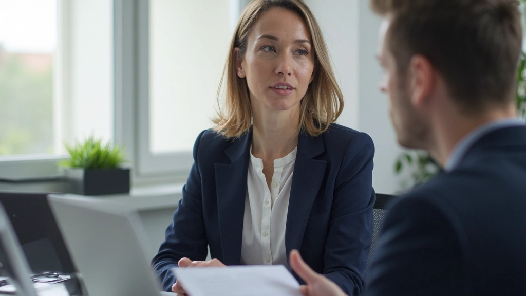 Профессионалка в деловой одежде на встречe с коллегой в современном офисе