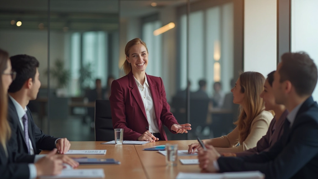 Профессионалка проводит презентацию перед командой в конференц-зале