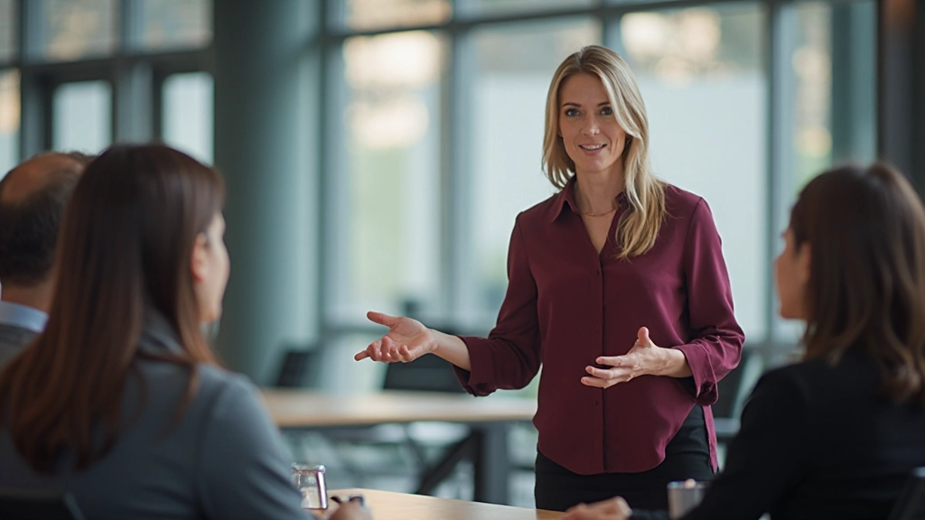 Профессионалка проводит презентацию перед командой в конференц-зале