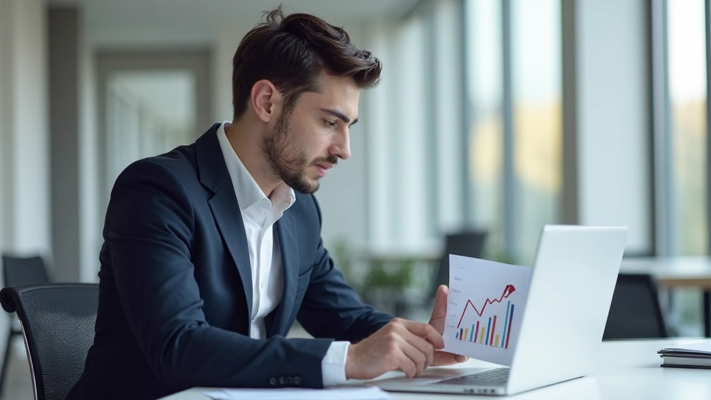 Молодой профессионал анализирует график роста карьеры на ноутбуке в современном офисе